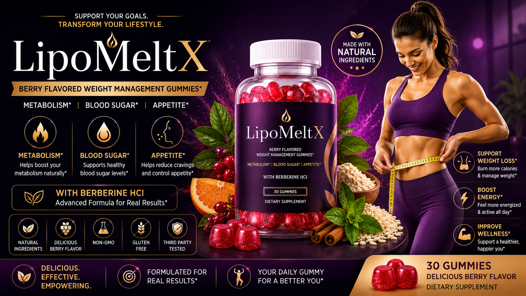 LipoMeltX Gummies — berry-flavored weight management gummies with Berberine HCl, shown with a healthy, active lifestyle