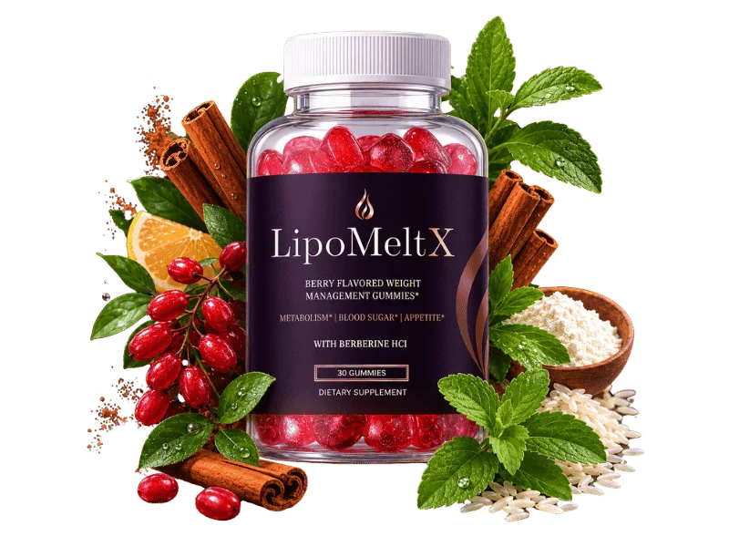 Bottle of LipoMeltX Gummies with berries, cinnamon, mint, and natural ingredients